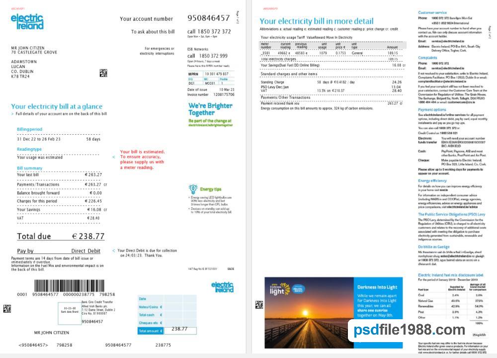 Ireland Electric Ireland Utility Bill Version 2, 2 Pages